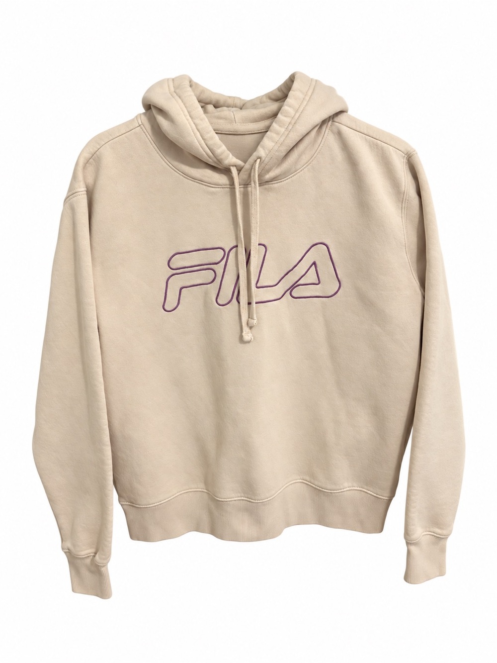 FILA Unisex Cream Purple Embroidered Pullover Hoodie, Medium